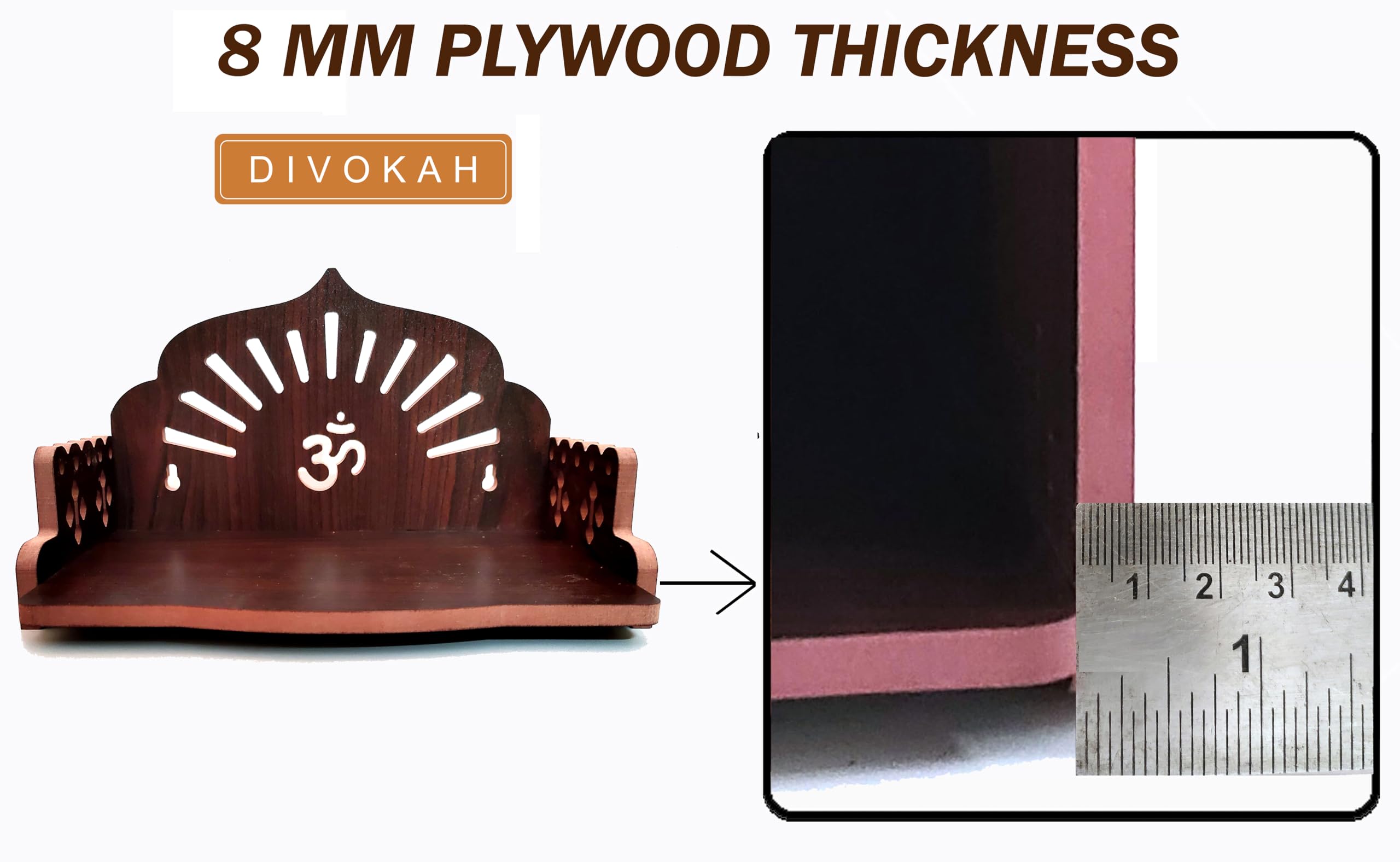DIVOKAH® MDF Small Wooden Temple/Wall Shelves/sinhasan/Pooja Stand(8.5 in * 6 in * 5.5 in) (8 MM Plywood Thickness) (BR OMSUN)