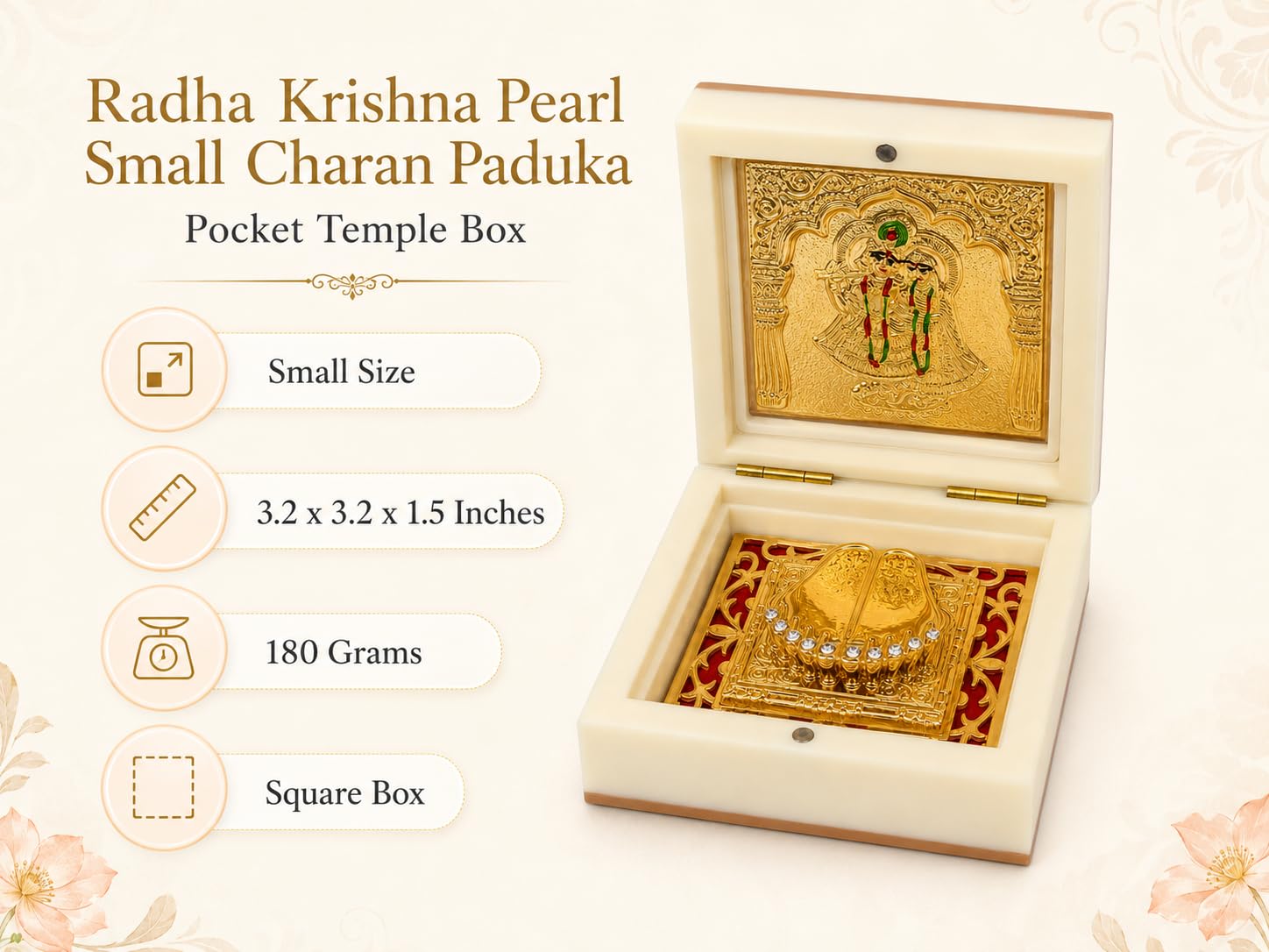 Radha Krishna Design Charan Paduka Pocket Temple for Pooja Room, Home Mandir, Car Dashboard & Prayer Space | Pearl & Brown Finish | Spiritual Gift & Housewarming Gift (Pearl, Small)