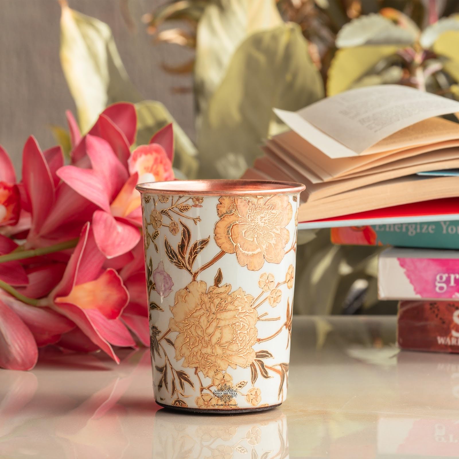 INDIAN ART VILLA Copper Gold Flower Print Glass – 275 ML, Handcrafted Ayurvedic Copper Drinkware for Daily Use, Elegant Water Glass for Home, Office, and Special Gifting, Set of 1