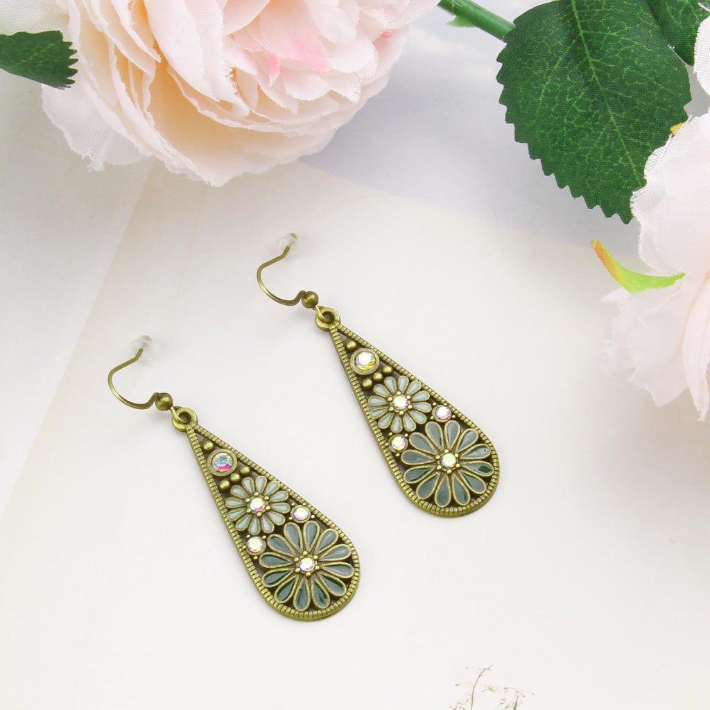 Bohemian Crystal Teardrop Pendant Earring,Vintage Olive Green Hollow Out Flower Floral Dangle Earrings,National Style Geometry Enamel Flower Hook Earrings,Handmade Ethnic Statement Jewelry for Women