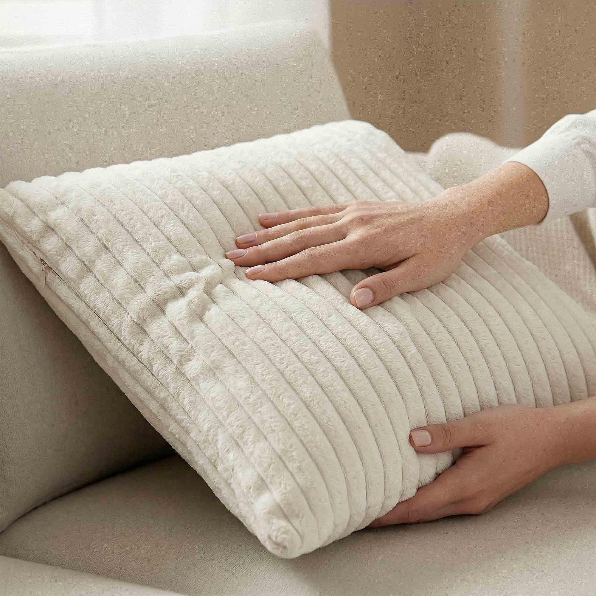 Yellow Weaves Pencil-Stripe Fur Cushion Covers | Soft Polyester | Decorative Sofa & Throw Pillow Covers | 16x16 Inches, Pack of 5 (Ivory)