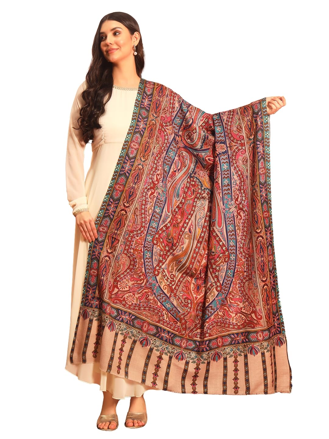 Pashmoda Women Rangrez Rangkalam 100% Pure Wool Fabric Kalamkari Embroidered Shawl (Size: 40x80in, 101x203cm) KAS23