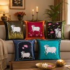 Vendola Decorative Satin Sofa Cushion Covers Set of 5, 12 inch x 12 inch, Sofa Pillow Cover, Ethnic Festive Cow Pichwai, Multicolor, Rajasthani Design, Zipper Closure (Cattle, 12X12 Inches)