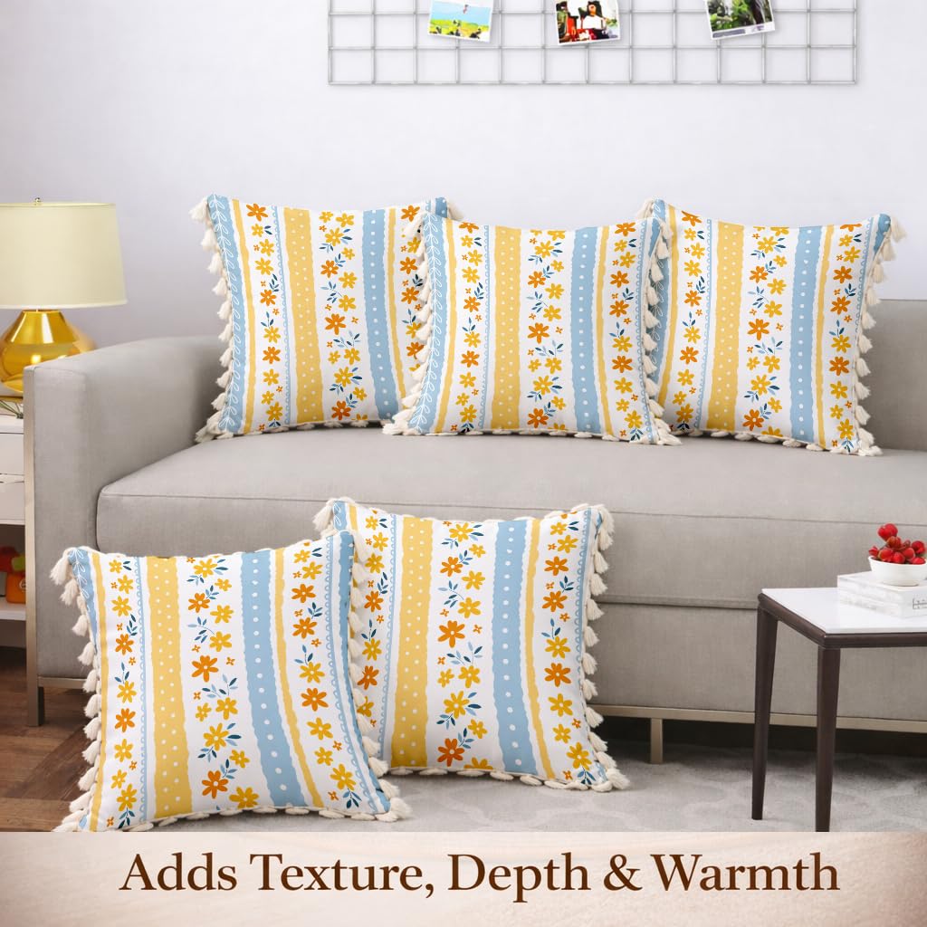 STITCHNEST 'Little Meadow Series' Tassled Cushion Cover | Set of 5 | Floral Cushion Cover 16 inch x 16 inch