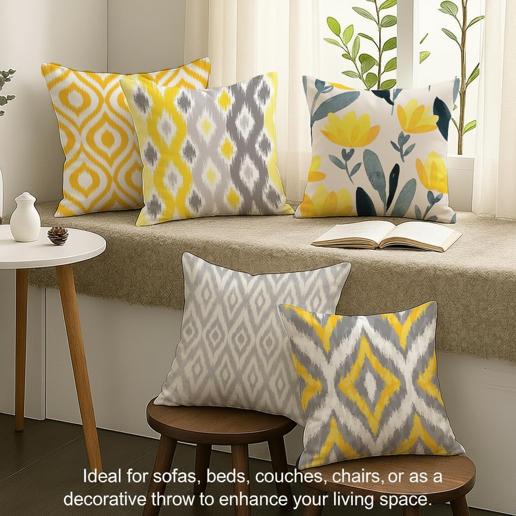 STITCHNEST Set of 5 Jute Cushion Covers – 16x16 Inches – Yellow & Grey Ikat-Inspired Geometric Print – Vibrant Cushion Covers for Sofa, Couch & Living Room | Perfect for Home Decor