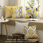 STITCHNEST Set of 5 Polycotton Cushion Covers – 18x18 Inches – Yellow & Grey Ikat-Inspired Geometric Print – Vibrant Cushion Covers for Sofa, Couch & Living Room | Perfect for Home Decor