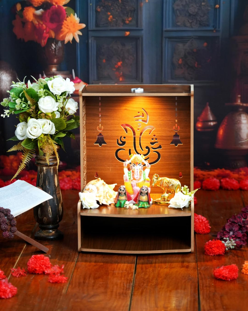 PIXELCRAFTS Folding Wooden wall Mounted Temple/mandir for Home and Office(Size – H 15.5X L 11.5 x W 10.5 inch) (BROWN2)