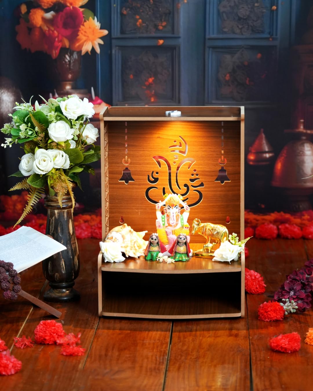 PIXELCRAFTS Folding Wooden wall Mounted Temple/mandir for Home and Office(Size – H 15.5X L 11.5 x W 10.5 inch) (BROWN2)