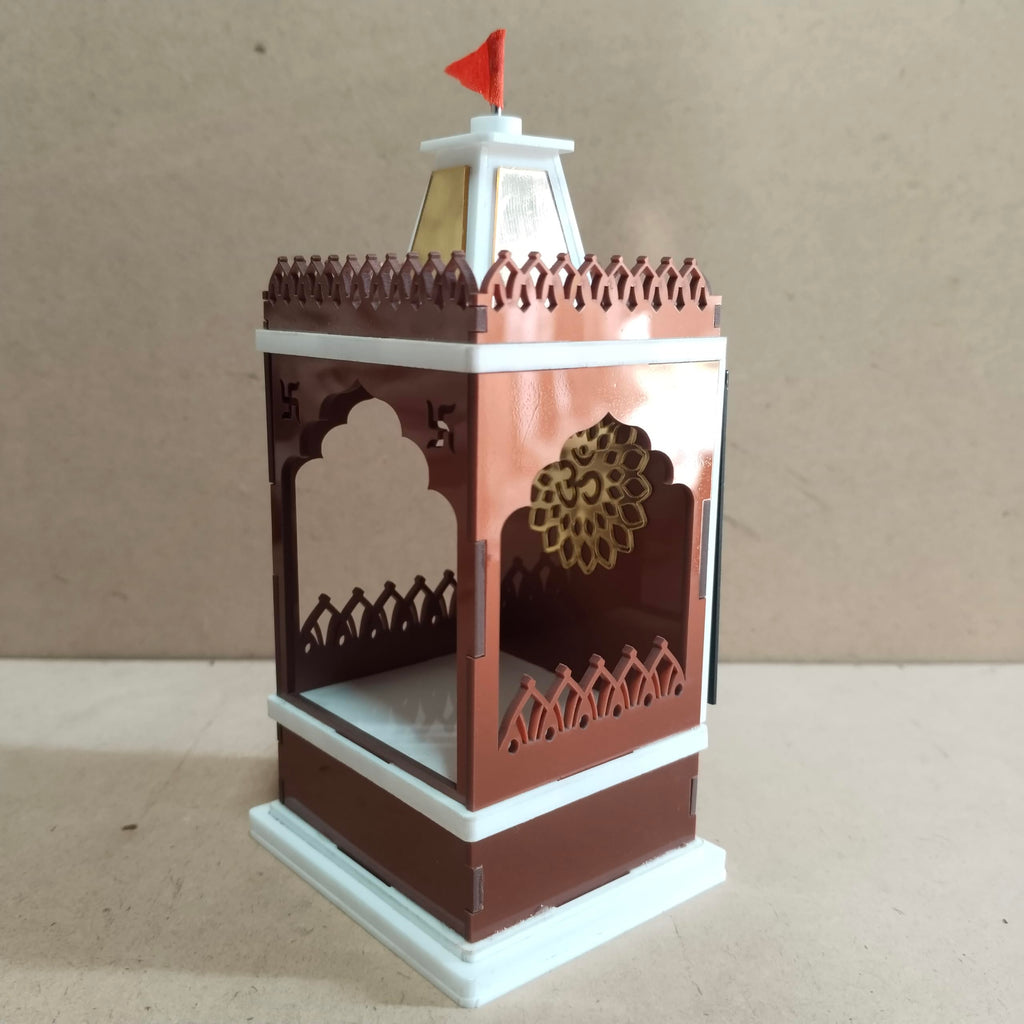 Solar Rechargeable Mini Mandir for Car and Office Desk, White with Gold Accents, Without Idols (Metallic Brown)