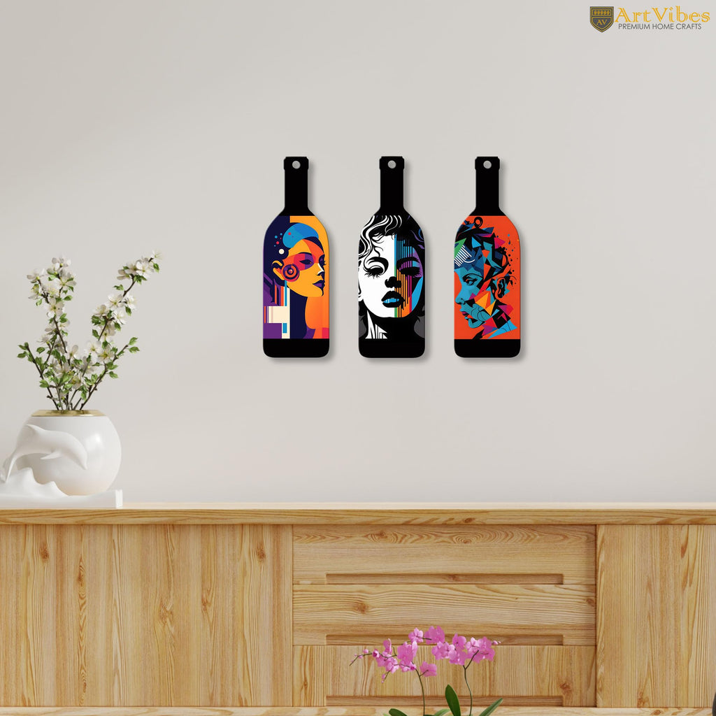 Artvibes Modern Abstract Art Portrait Decor Bottle shaped Wooden Wall Hanging | Living Room | Wall Art Paintings | Wall Poster | Handcrafted Art | Artworks Hangings | Ideal Gifts (WH_9509N), Set of 3