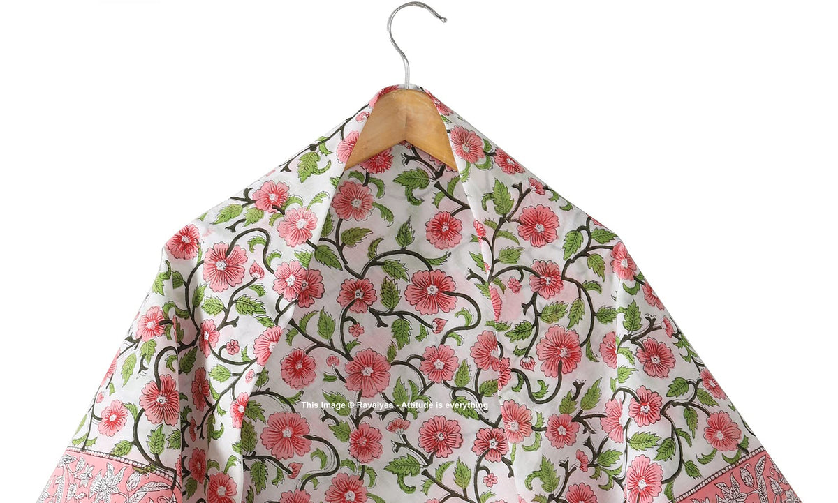 Ravaiyaa - Attitude is everything Sanganer Hand Block Printed Scarves Pure Cotton Scarf Square Hijab Dupatta 40 X 40 Inch (White Pink Floral)