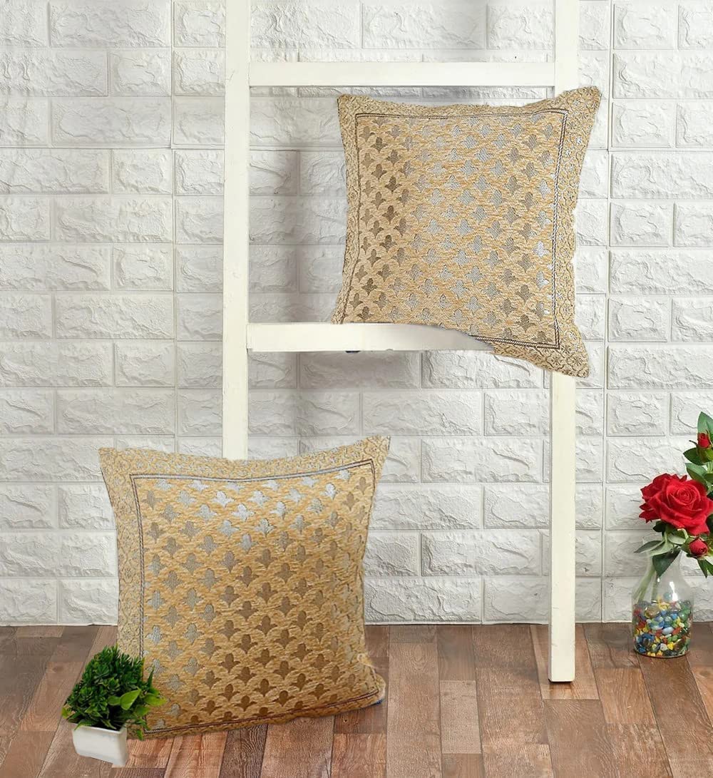 DECOMIZER Jacquard Geomteric Cushion Covers 24 Inch X 24 Inch Set Of 2 Ethnic Motifs Cushion Covers,Design- Star,Color- Beige, 240 TC