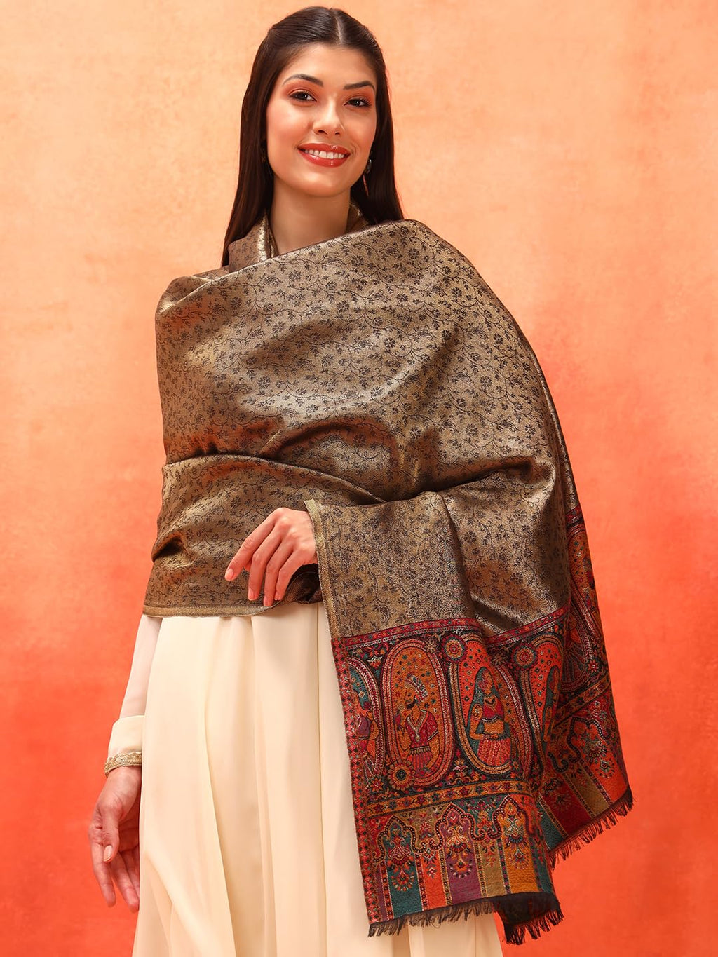 Pashmoda Women Silsila Zari Kaani Fine Wool Shawl (Size: 40x80in, 101x203cm) ZSS03