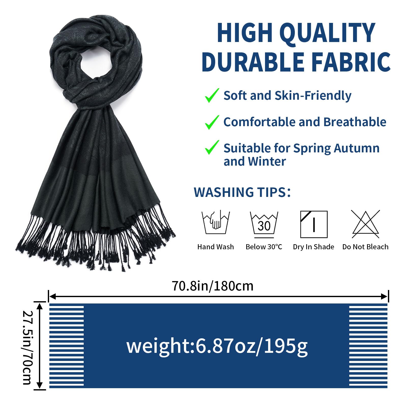 QIUTIMIY Paisley Pashmina Shawl Wrap Women Reversible Vintage Jacquard Pashmina Rave Scarf with Fringe for Evening, Wedding, Flower3-black, 180*70CM
