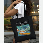 Peach Blossom Van Gogh Printed Tote Bag for Women with Zip, Stylish Cotton Handbags, Canvas Tote Bags for College (Black_VanGoghRiverBoat)