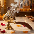 DSH Brass Loban Burner Home Purifying Dhoop Dani Bakhoor Holder Table Incense Burner with Wooden Handle for Home Decoration
