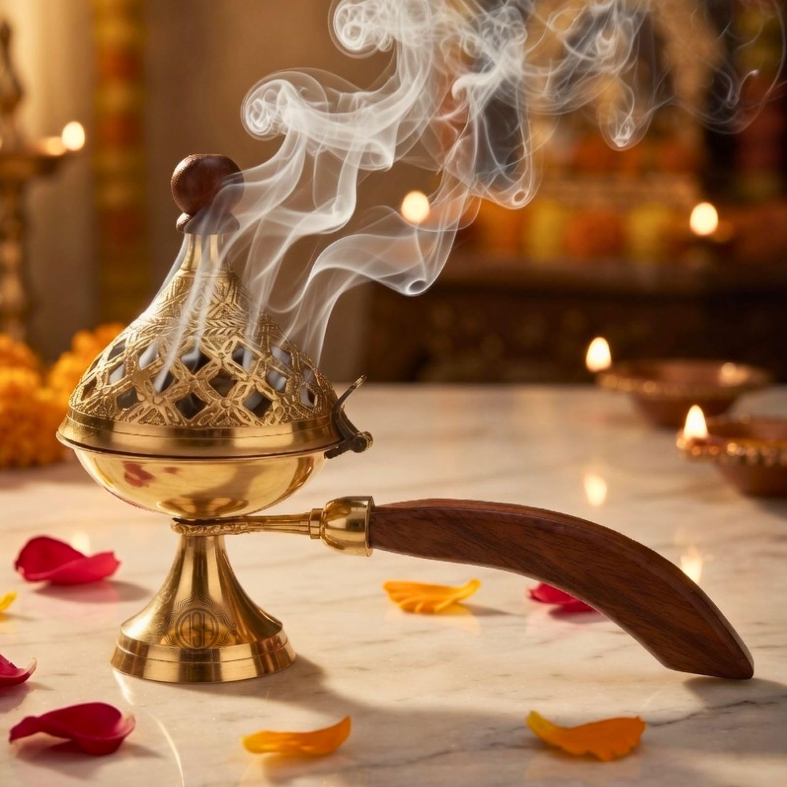 DSH Brass Loban Burner Home Purifying Dhoop Dani Bakhoor Holder Table Incense Burner with Wooden Handle for Home Decoration