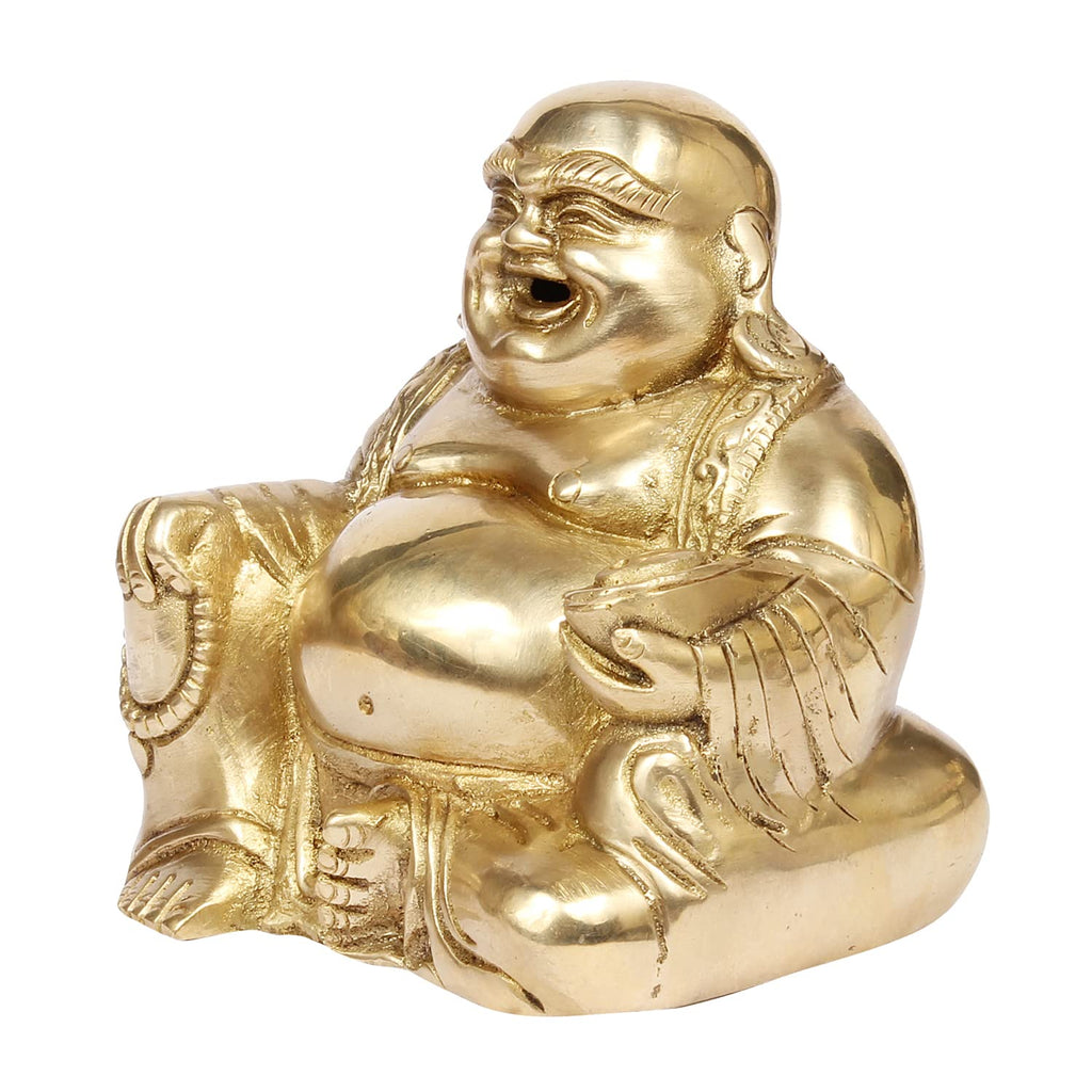 ARTVARKO Brass Feng Shui Happy Man Laughing Buddha Sitting and Holding Ingot Statue for Attracting Money Wealth Prosperity Financial Luck.