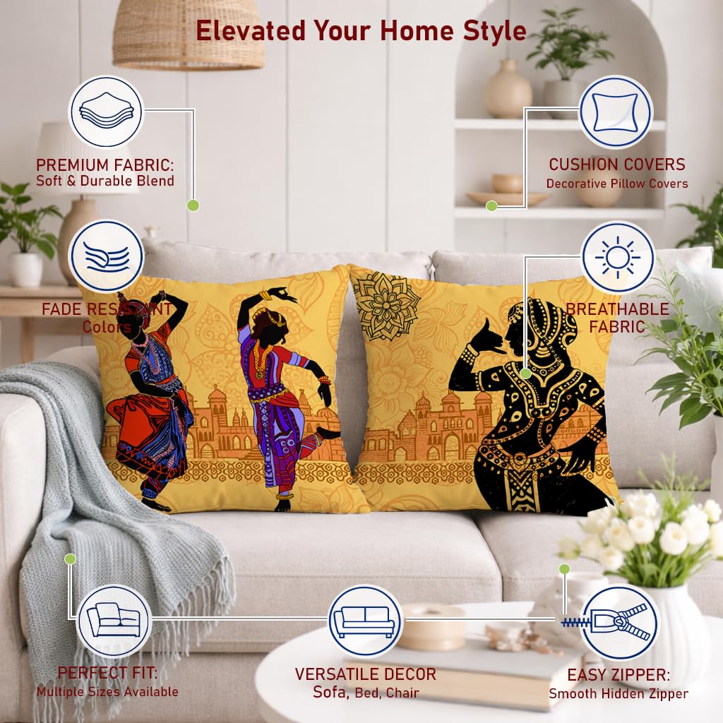 STITCHNEST Set of 2 Nritya Kala Collection Printed Jute Cushion Covers 16x16 Inches | Decorative Throw Pillow Covers for Sofa, Living Room, Bedroom | Perfect for Home Decor
