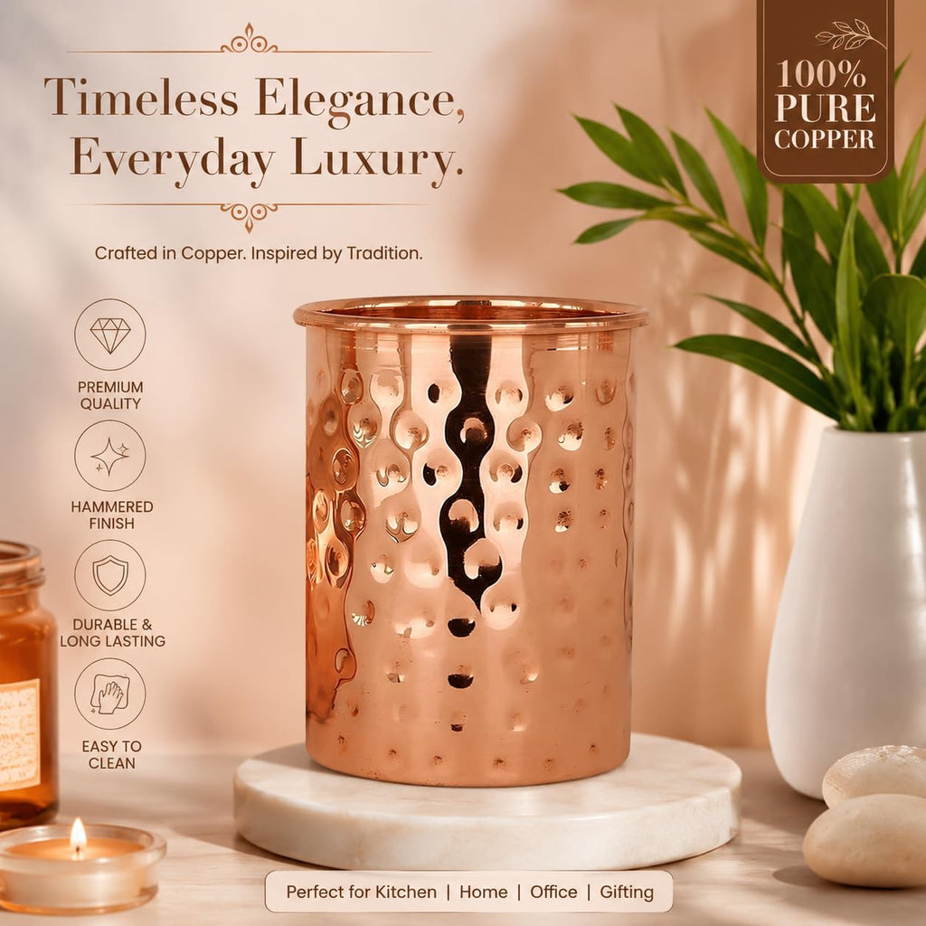 Adoko 100% Pure Copper Hammered Tumbler 300ml | Ayurvedic Drinking Glass for Water | Traditional Handcrafted Copper Utensil – 1Pc