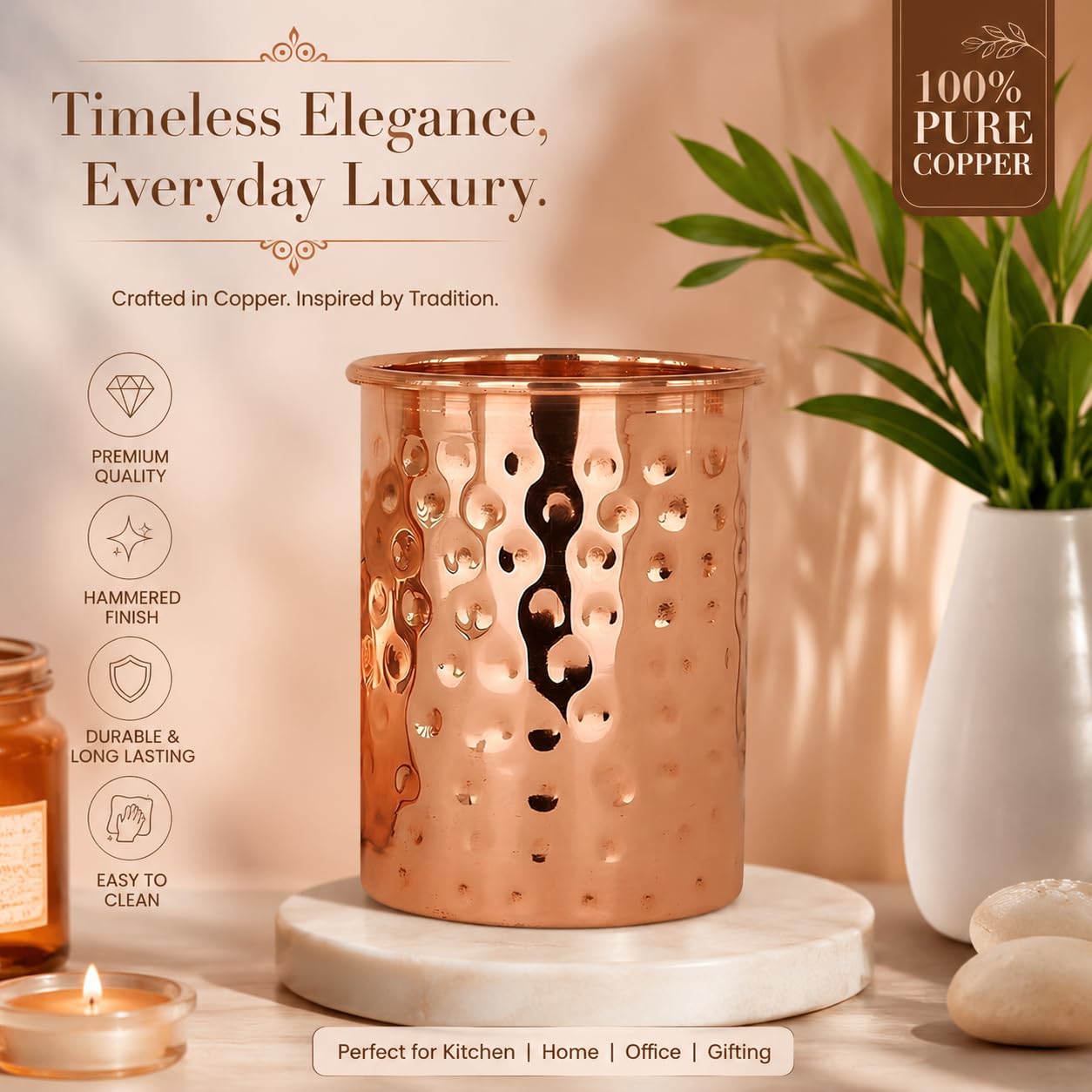 Adoko 100% Pure Copper Hammered Tumbler 300ml | Ayurvedic Drinking Glass for Water | Traditional Handcrafted Copper Utensil – 1Pc