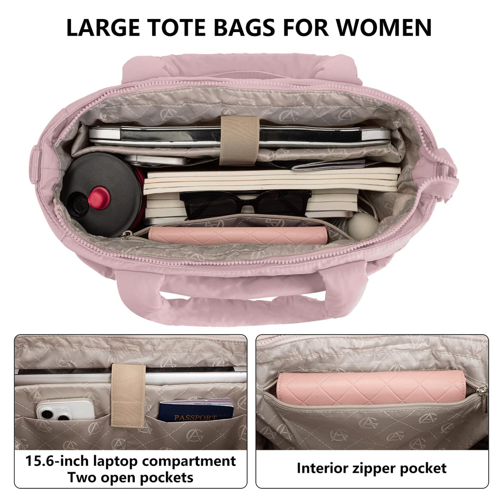Tote Bag for Women Puffer Tote Bag Large Nurse Bags Shoulder Handbag with Zipper for Work Travel, Dark Pink, 16.3 x 6.3 x 12 inches