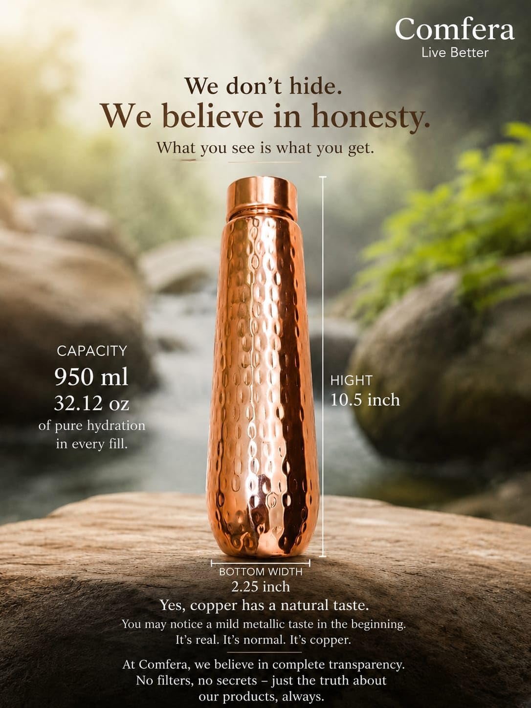 COMFERA Pure Copper Bottle, 32oz/950ml water bottle for drinking, Leakproof hammered designed bottles for Home, Gym, School & Travel, Durable, Rustproof & Handmade Bottle, Ayurvedic Cups