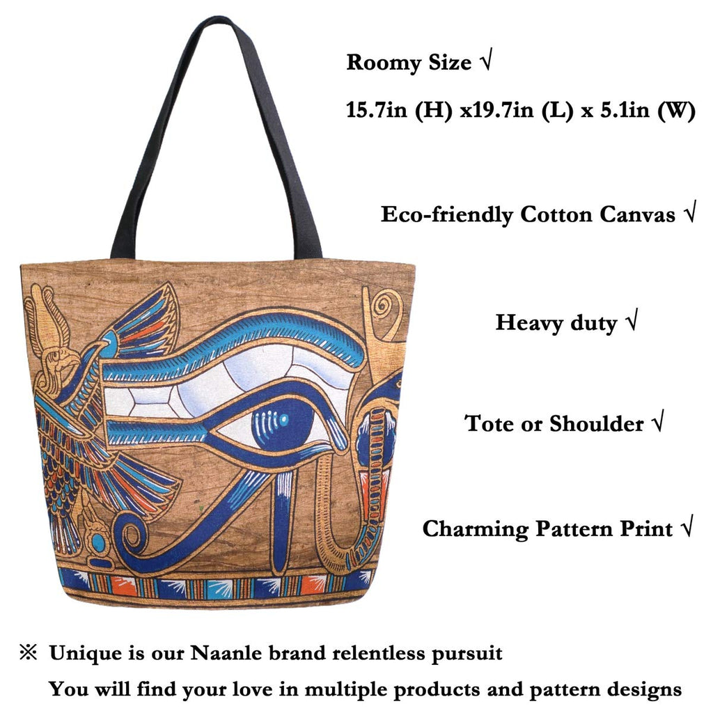 Naanle Egypt Canvas Tote Bag Large Women Casual Shoulder Bag Handbag, Egyptian Horus Eye Reusable Multipurpose Heavy Duty Shopping Grocery Cotton Bag for Outdoors.