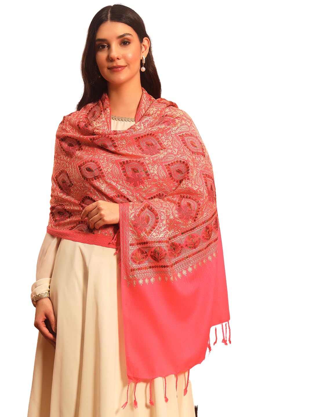 Pashmoda Women Ornate Harmony Fine Wool Nalki Embroidered Stole (Size : 28x80in, 71X203cm) EMST03