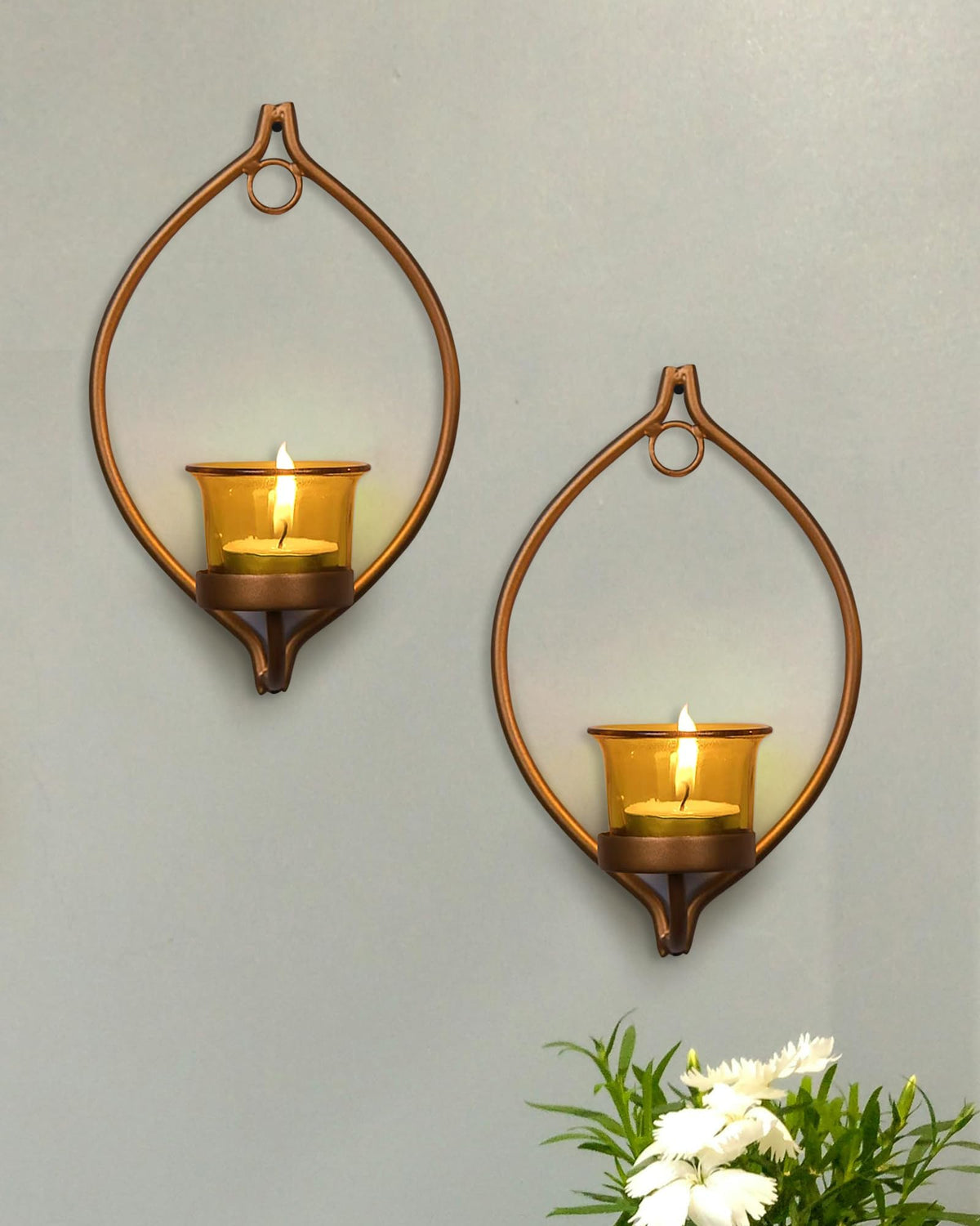 Homesake® Wall Candle Sconce Set of 2 with Glass Hurricane & Free Tealight Candles | Iron Wall Mounted Candle Holders for Living Room, Bedroom, Hallway, Home Decor | Eye Design, Yellow Gold & Black