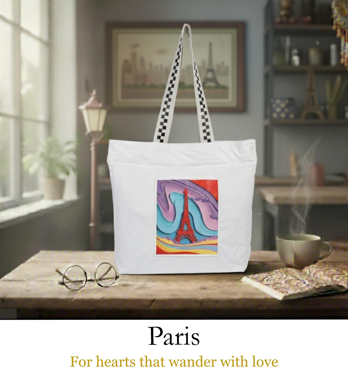 WOTM On The Move Tote | Premium Printed Cotton Canvas Tote Bag with Zipper & Inside Pocket, Stylish Everyday Travel Bag for Work, College, Office, Travel, Shopping (Paris)