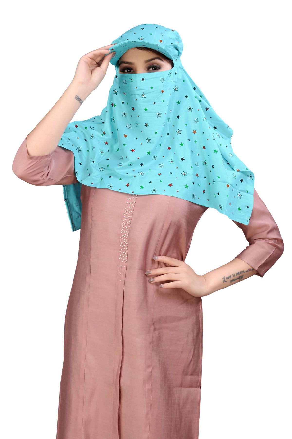 TESY QWEN Women's Scarf Cum Mask with Cap, Rayon Multi-Functional Neck Gaiter with UV Protection for Biking, Hiking and Travel (Firozi)