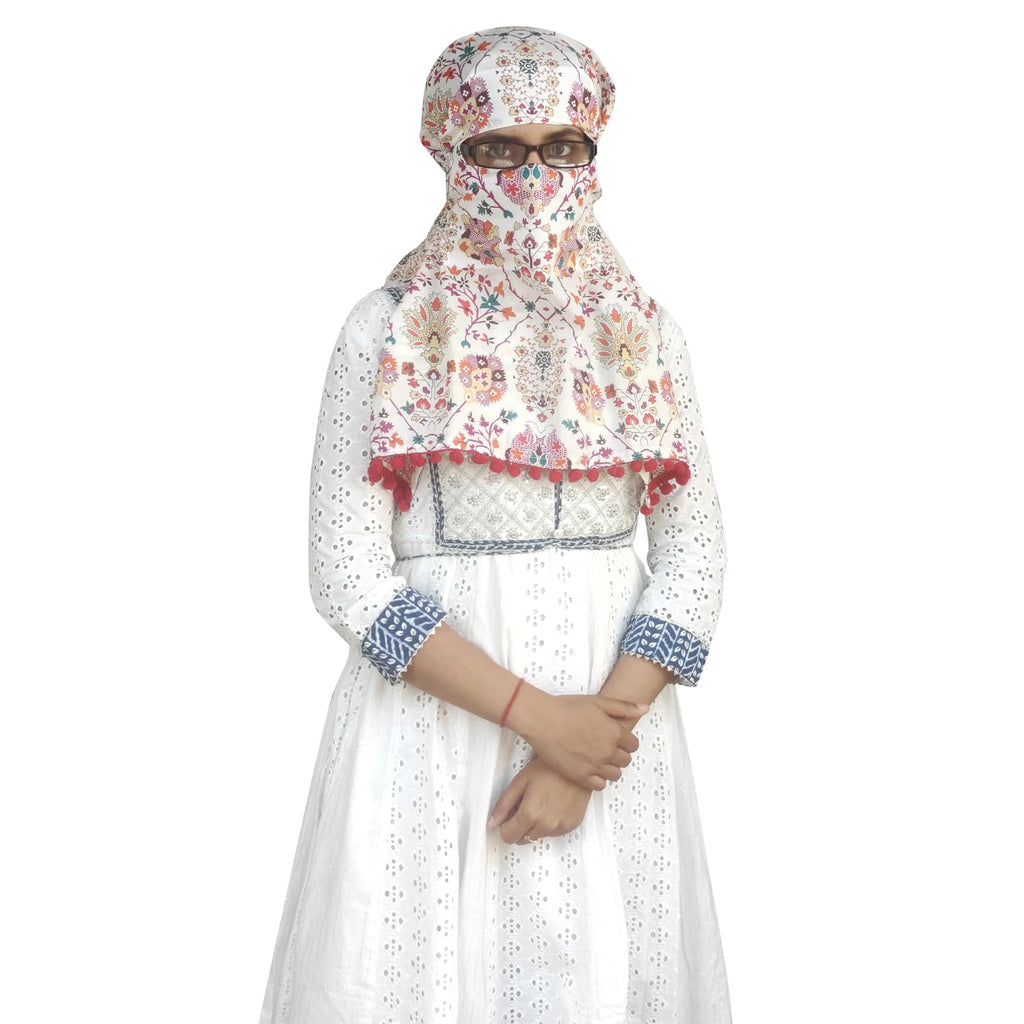 Switchon Scarf Hijab Rayon Printed fancy scarf for women Size Adjustable -Hook loop tape (White_Multi)