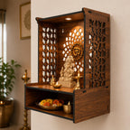 FA6 Wooden Home Temple for Pooja Room 5 MM MDF Mandir for Home with Laser Cut Design, Om Wall Panel & Storage Shelf Compact Pooja Mandir 15.5 x 11.5 x 9.5 Inch