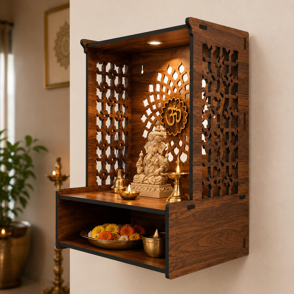 FA6 Wooden Home Temple for Pooja Room 5 MM MDF Mandir for Home with Laser Cut Design, Om Wall Panel & Storage Shelf Compact Pooja Mandir 15.5 x 11.5 x 9.5 Inch