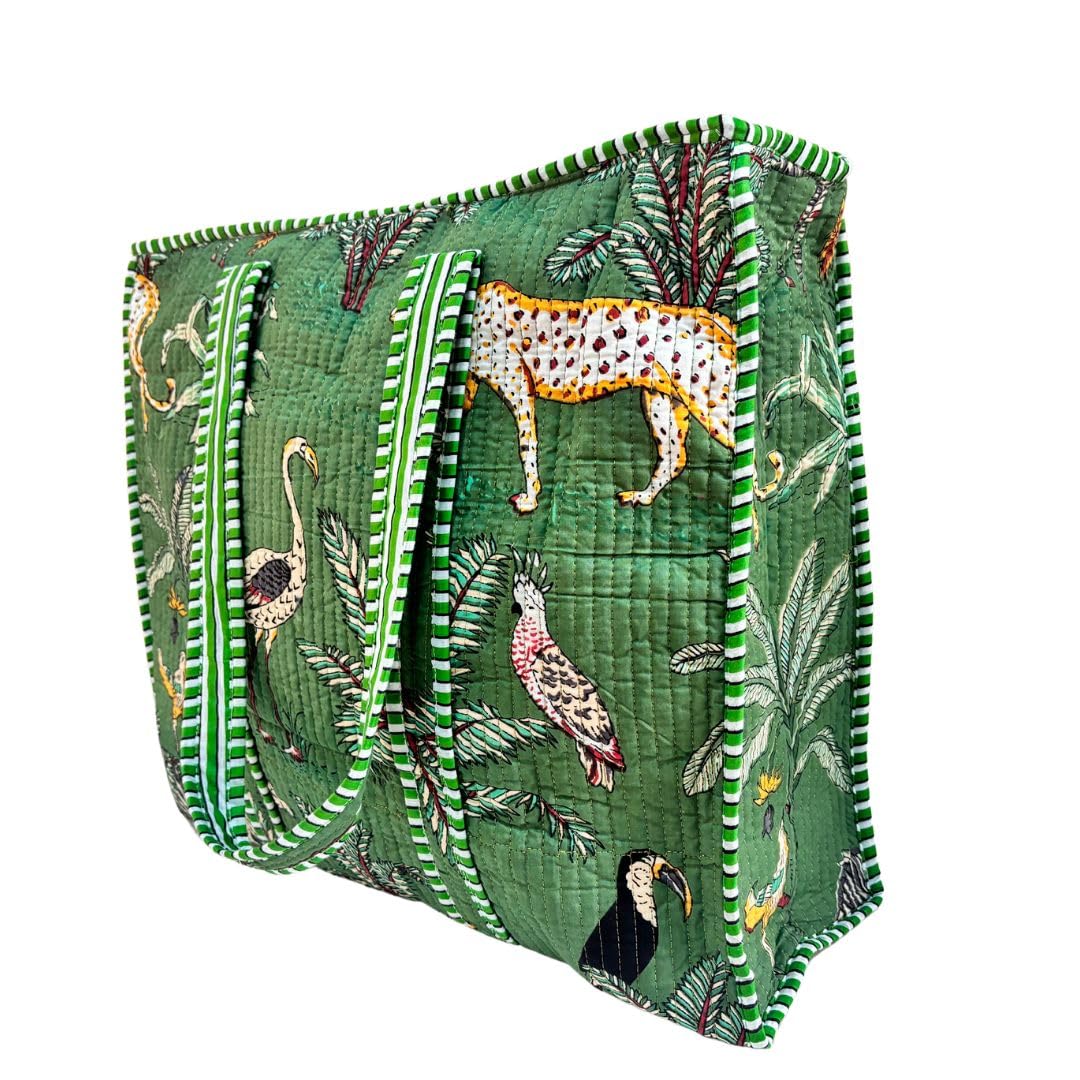 The House of RajPadmini Premium Cotton Quilted Shopping Tote Bag with 3 Travel Pouches Set (Animal Print Green)