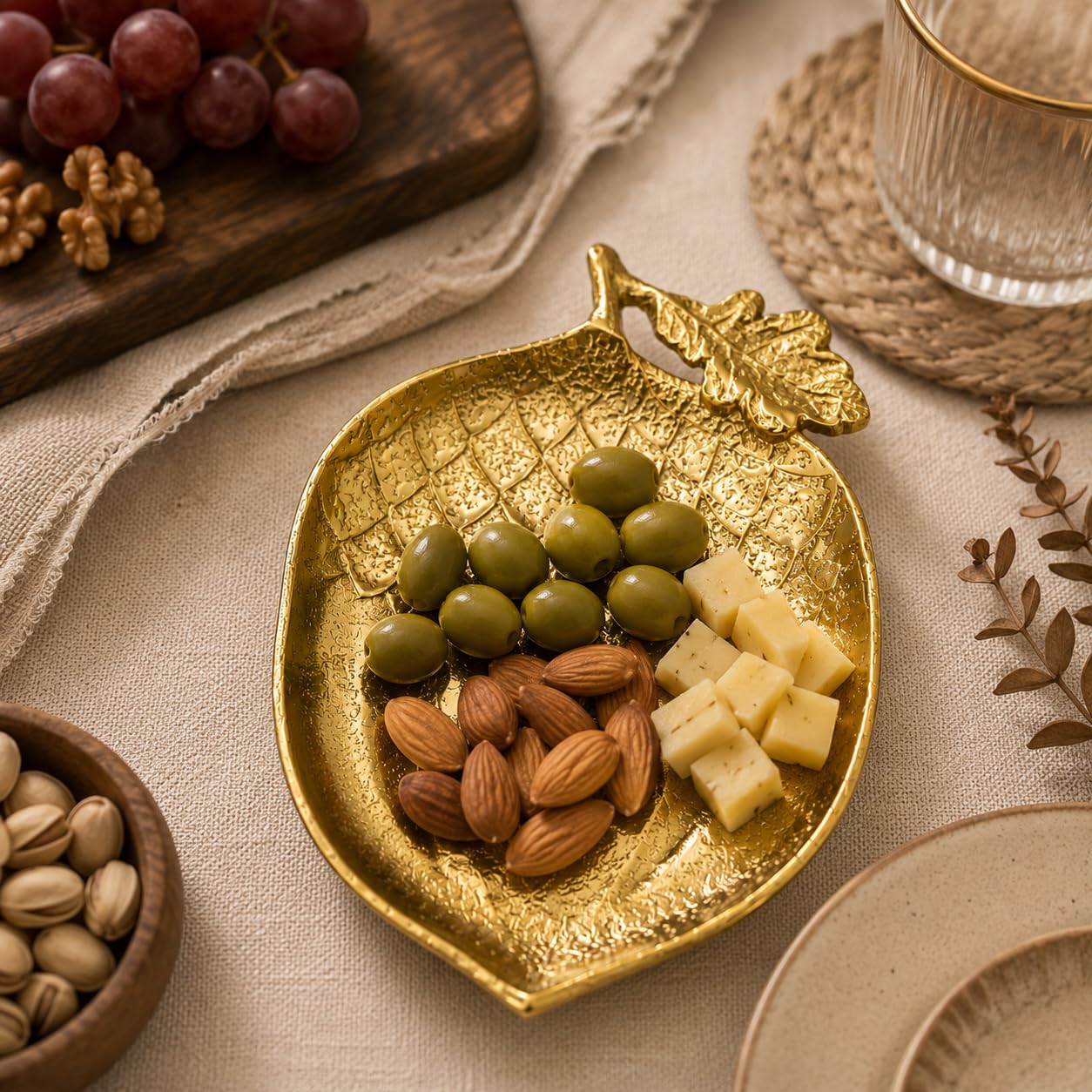 AIRA11 Decor Gold Decorative Leaf Tray | Premium Aluminium Metal Serving Tray | Dry Fruit, Candy, Chocolate & Jewelry Holder | Coffee Table & Home Decor Accent | 20 x 13 x 2 cm