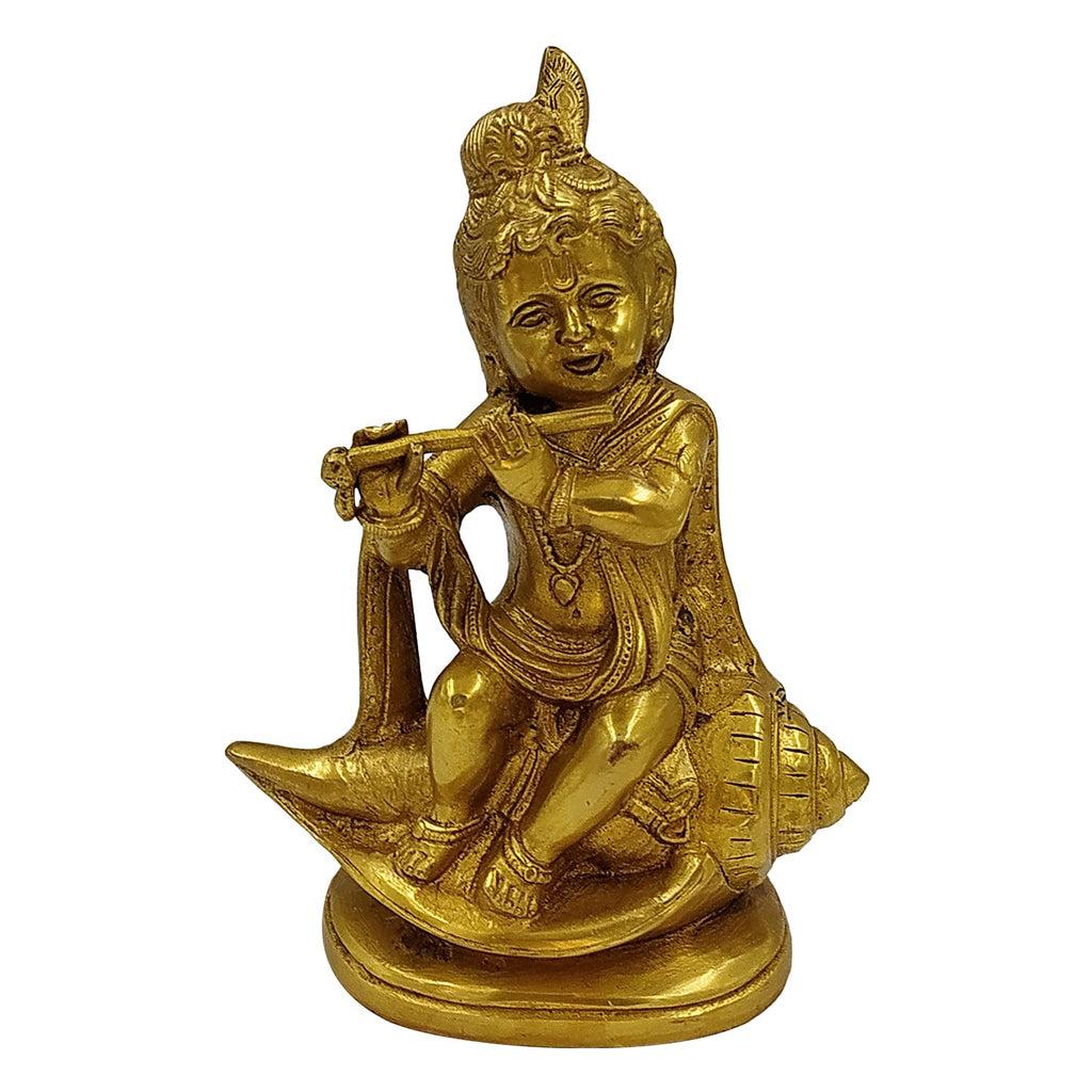 ARTVARKO Brass Lord Bal Krishna Bhagwan Playing Flute on Shankh Religious Idol Statue for Gift Murti for Home Mandir Temple Auspicious Conch 8 Inch