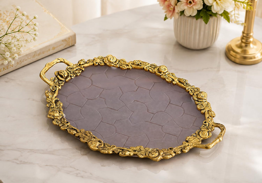 KridayKraft Hand Crafted Metal Rose Ovel Shape Tray for Home Centre Dining Table Serving Dry Fruits