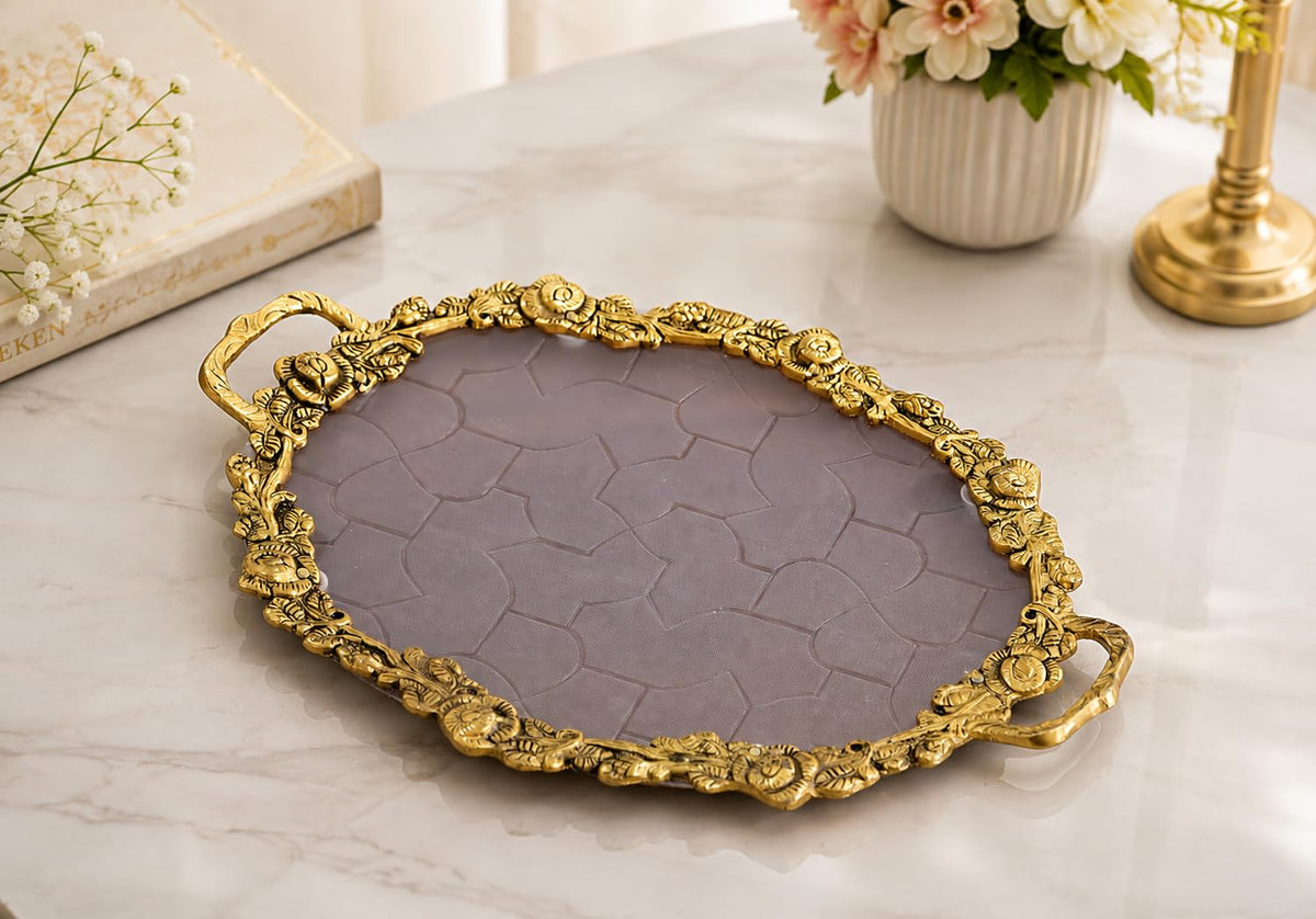 KridayKraft Hand Crafted Metal Rose Ovel Shape Tray for Home Centre Dining Table Serving Dry Fruits