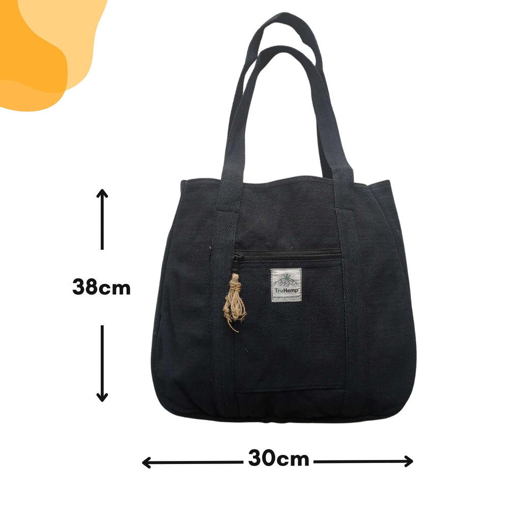 TruHemp Hemp Shopping Tote Bag with Dual Zippered Compartments | Spacious Eco Market Bag with Cotton Lining | 10L Capacity, Black, Medium