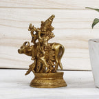 ARTVARKO Brass Krishna Playing Flute with Kamdhenu Cow and Peacock Idol Sculpture Home Decor for Living Room Pooja Gift Item Height 5 Inch