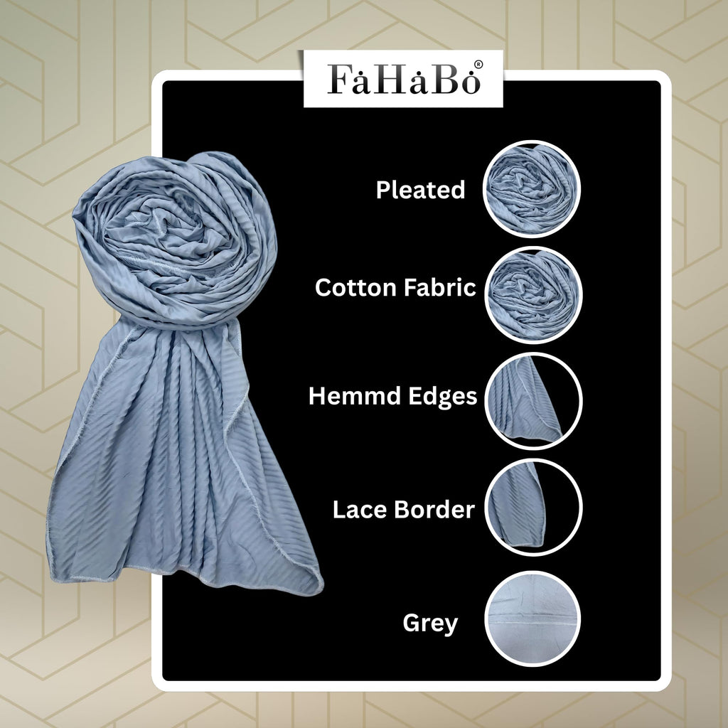 FAHABO Scarf Woman Pleated Viscose Cotton Scarf with Lace Border | Hijab Scarf | Headscarf | Neck Scarf | Stoles | Wraps (2- Grey)