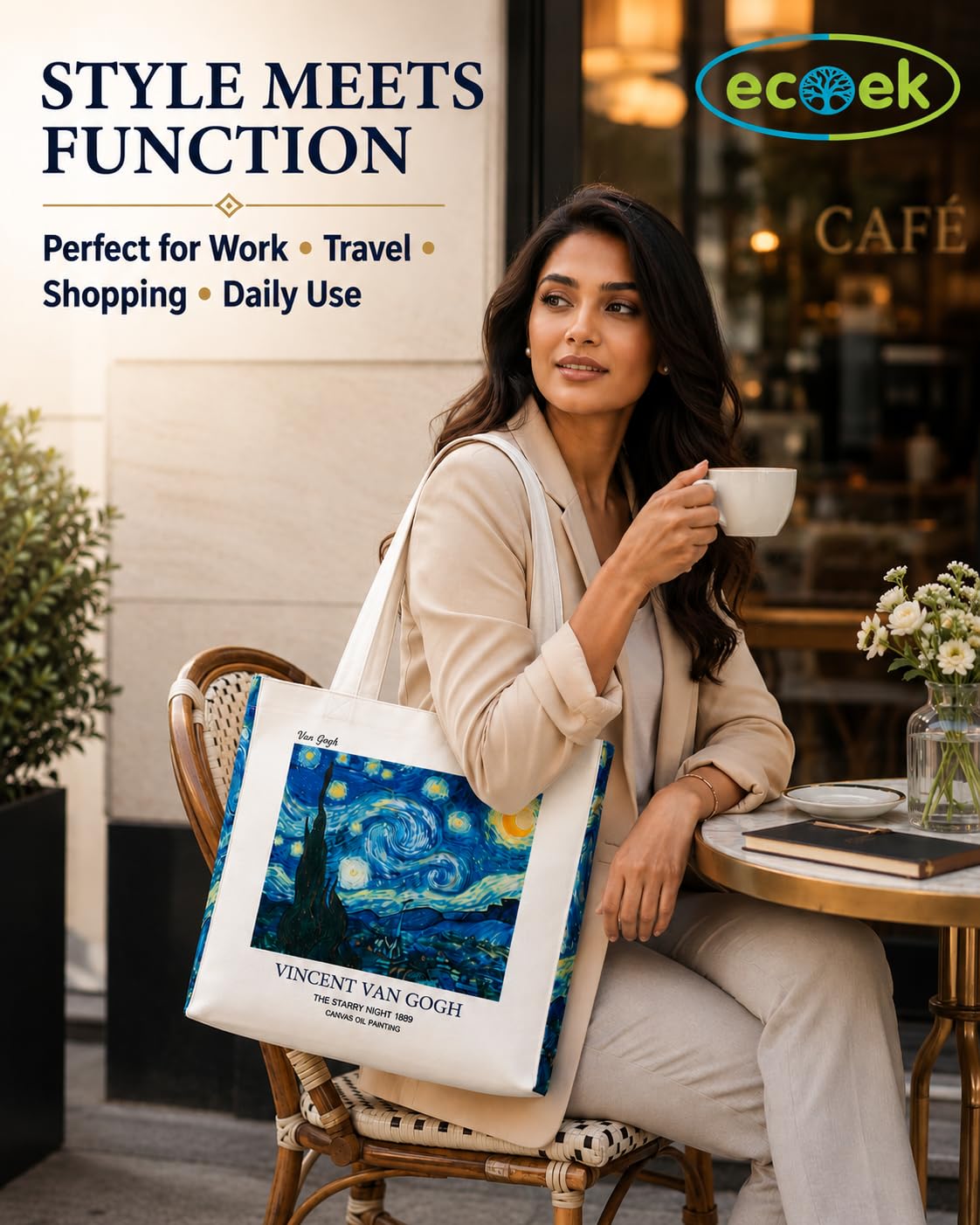 ECOEK Artsy Poly Canvas Tote Bag for Women | Zipper Closure, Bottle Holder & Keychain Hook | Premium Poly Canvas Bag for Travel College, Office | Reusable Shopping Tote Bag Gift(Van Gogh Starry Night)
