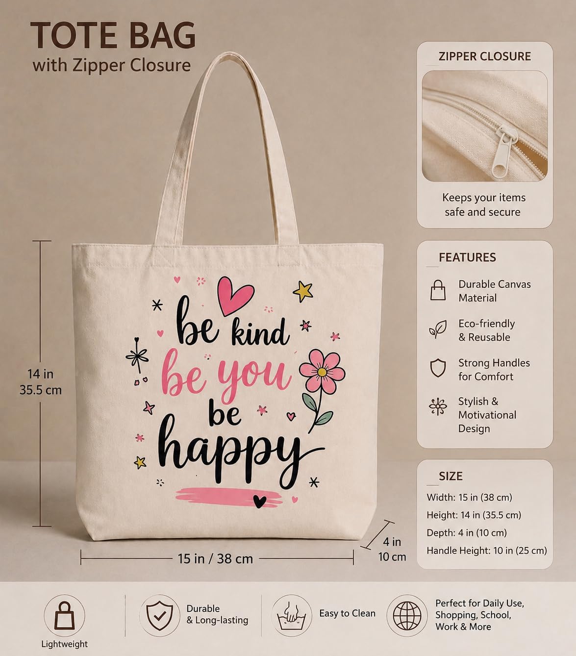 Supadaa Large Canvas Tote Bag For Women With Zipper Premium Cotton Shoulder Handbag Reusable Shopping Office College Travel Beach Grocery Bag (Happy)