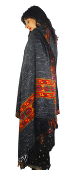 Australian Marino Wool Shawl Hand Woven Kullu Embroidery BLACK WITH WHITE DOTS