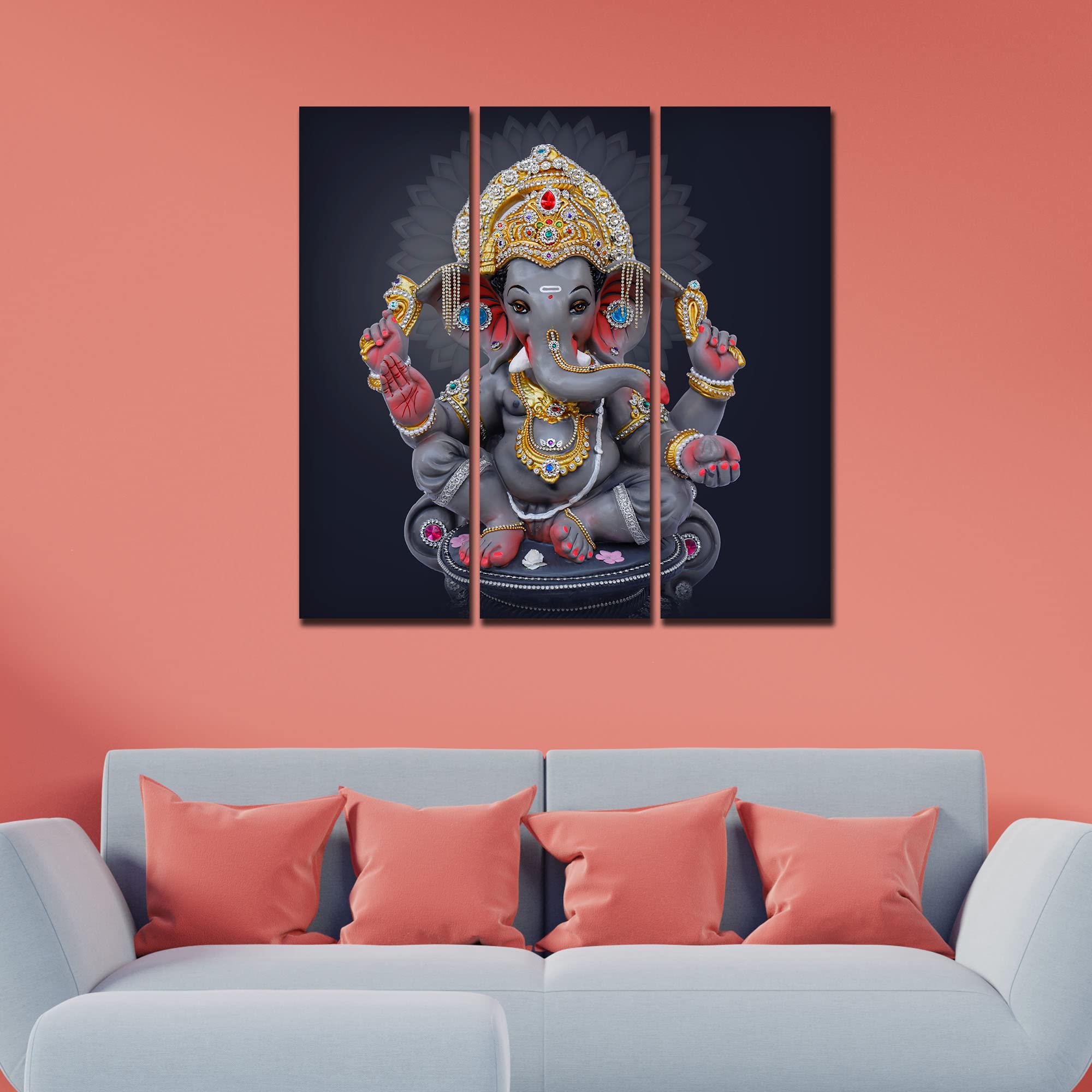VIBECRAFTS 3 Pieces Bal Ganesh Ji Canvas Wall Painting Fitted With Wooden Frame For Home | Office | Living Room | Gifts (PTVC3Pcs1_9570)
