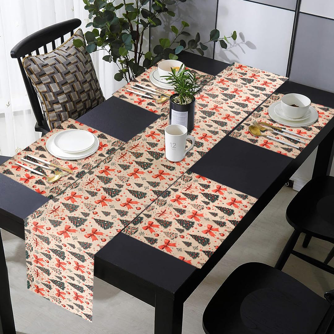 PRAKARTIK BY INDUARTS Dining Table Mats Set of 4 with 135 cm Runner - Christmas Tree Red Bow Theme,Digital Print, Washable, Indoor/Outdoor, Heat-Proof, Wipe & Clean (47X33 cm) Olive & Green Kafalo