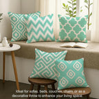 STITCHNEST Set of 5 Polycotton Cushion Covers – 24x24 Inches – Teal & White Ikat Geometric Print – Elegant Cushion Covers for Sofa & Living Room | Perfect for Home Decor