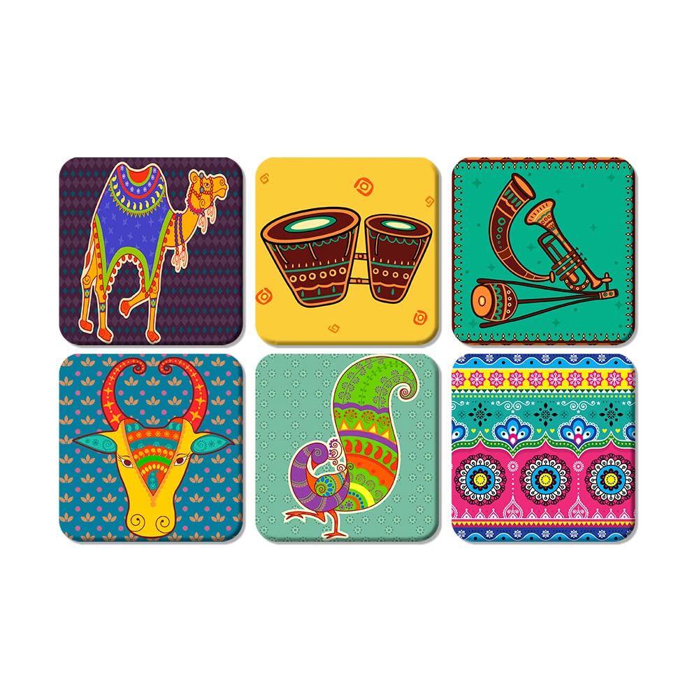 Artvibes Printed MDF Wooden Coasters for Home and Kitchen | Dining Table Decor | Square Coasters | Kitchen Decorative Item | Table Decoration | Home Decor (Set of 6 | 4x4 Inch)(Cultural Art) TC_2002N